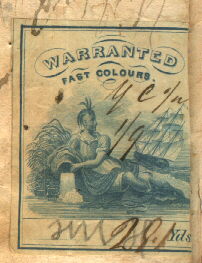 a clipper ship, a Native American holding a jug spilling water; caption, 'Warranted Fast Colours'