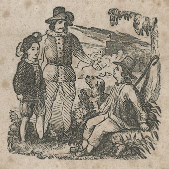 an Elizabethan man and boy speak to a shepherd boy