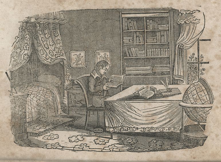 a boy reads a book in a bedroom