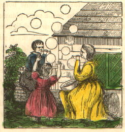 three children blow bubbles
