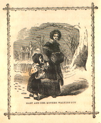 woman and young girl walk through snow