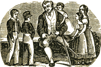 Robert Merry, with his wooden leg, sits outside, talking to five white children