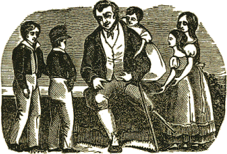 Robert Merry, with a wooden leg, talks with five white children