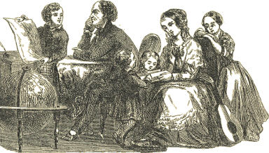 a boy shows a project to a man while a woman reads with three white children