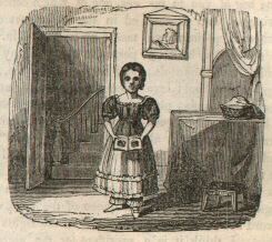a little girl from the 1830s shows you a book