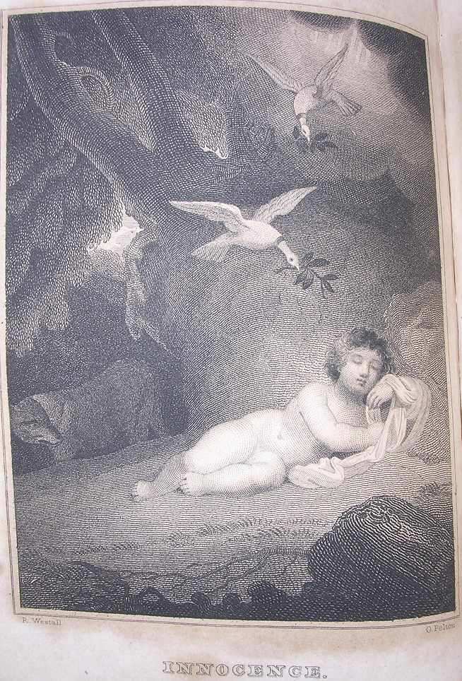 a naked child sleeps, with two doves holding olive branches; a wolf watches nearby
