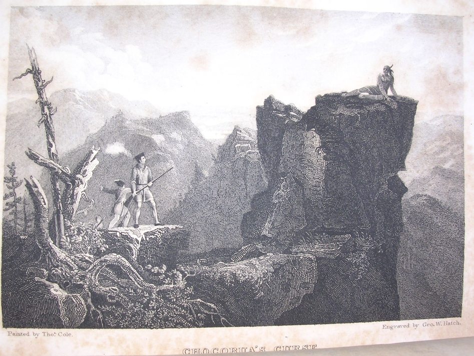 two white men with rifles listen to a Native American wounded on a tall cliff