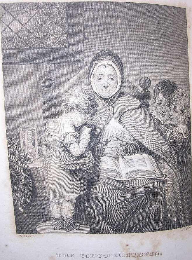 an elderly white woman with a book on her lap listens to three small white children