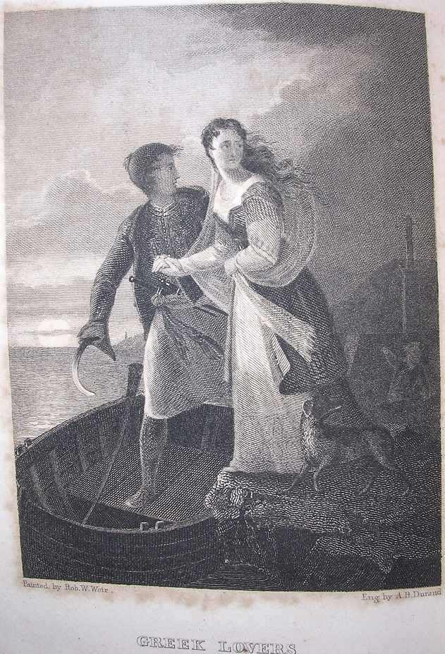 a young man and woman look fearfully over their shoulders as they enter a rowboat