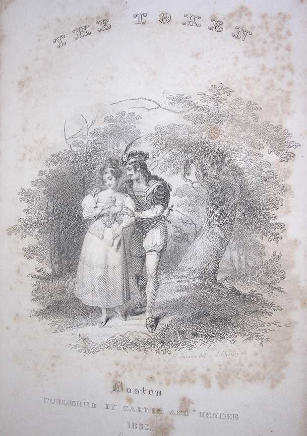 a man in a doublet embraces a woman near an oak tree, with text as follows