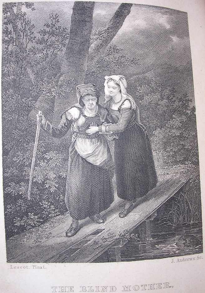 a young white woman helps an elderly white woman across a ricketty wooden bridge