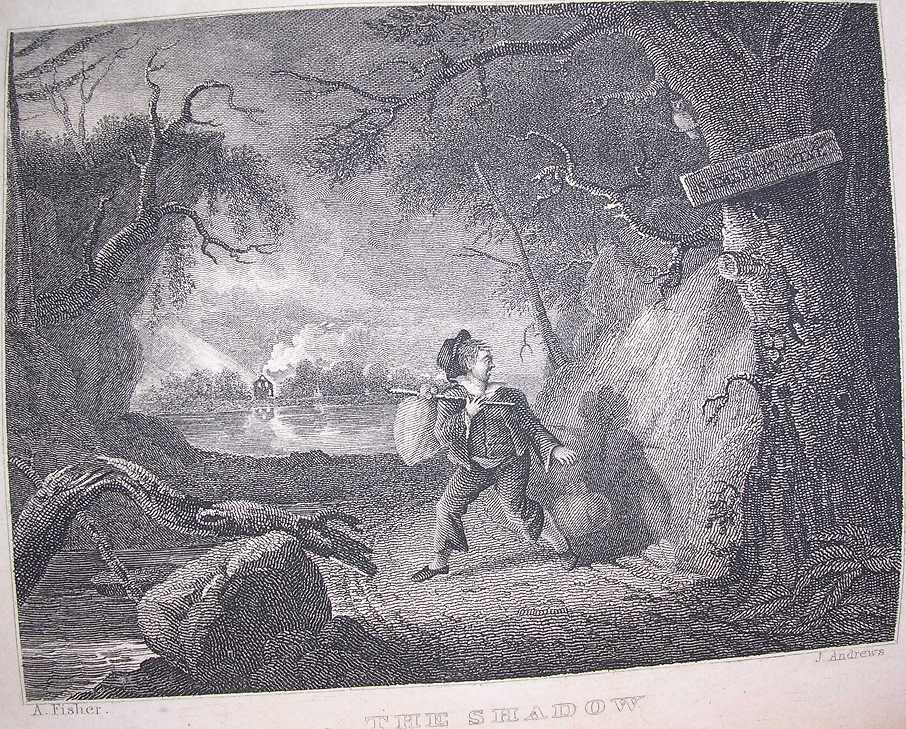 a white man carrying bundles down a narrow road is startled by his shadow cast on an embankment as a little owl looks on