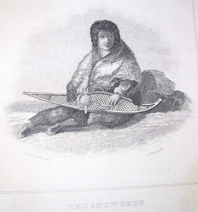 a sweet-faced Native American woman wrapped in furs holds a handwoven snow shoe