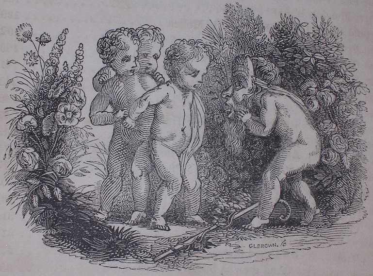 a cherub wearing a mask startles three other cherubs