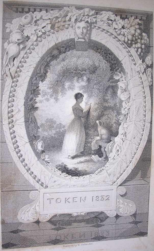 a young woman carves an initial into the trunk of a tree, in a version of The Souvenir, by Jean-Honore Fragonard; the image is seen through an elaborate window with Token 1832 carved beneath
