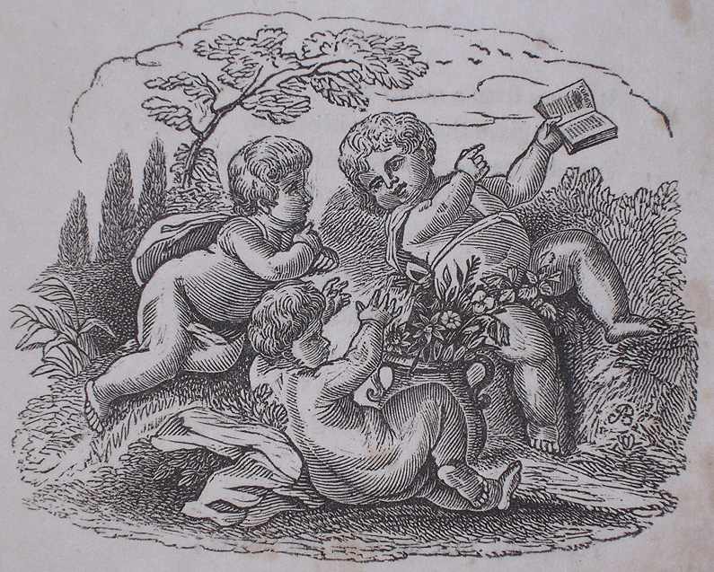a cherub shows two others a copy of The Token; woodcut signed A. B.