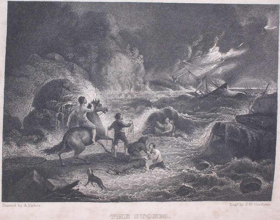 a man on horseback and two other men rescue shipwrecked people