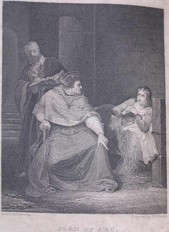 a young white woman in chains lies on a straw bed, listening to a cleric, while another man writes in a book