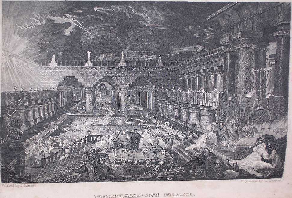 lightning flashes and people flee from a feast held in a palace from ancient times