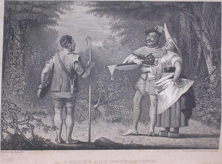 two men and a woman in Elizabethan peasant dress confront each other