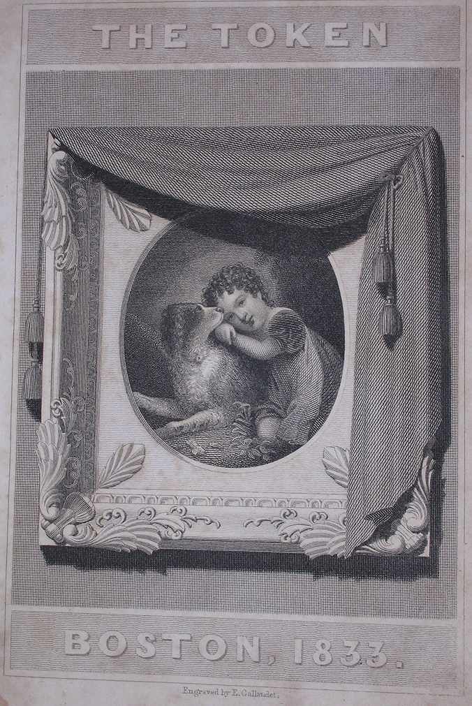 a white child leans on a large dog in a framed picture; text below