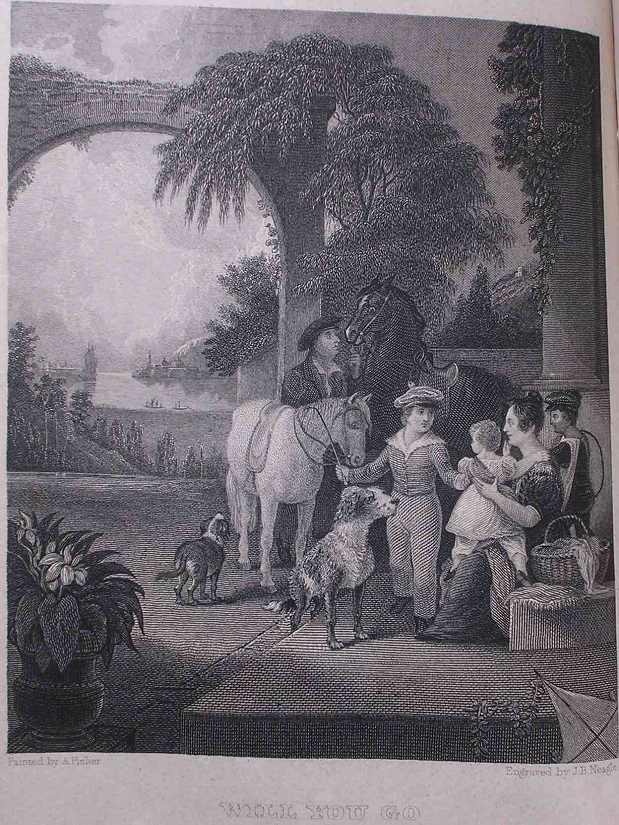 a white family, with dogs and horses