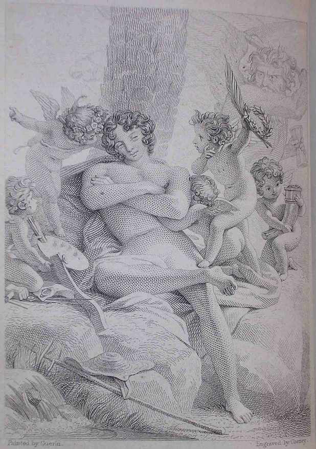a naked white man seems unimpressed by the five winged putti around him