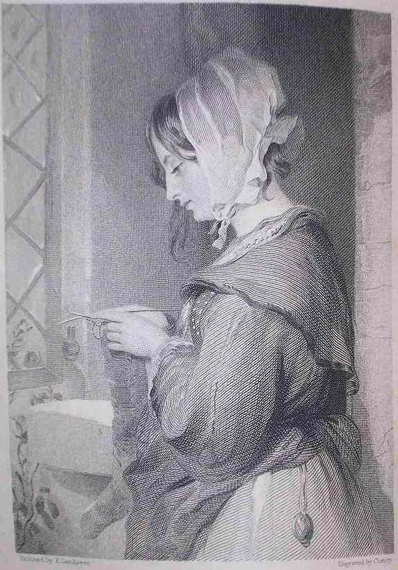 a young white peasant woman knits near a window