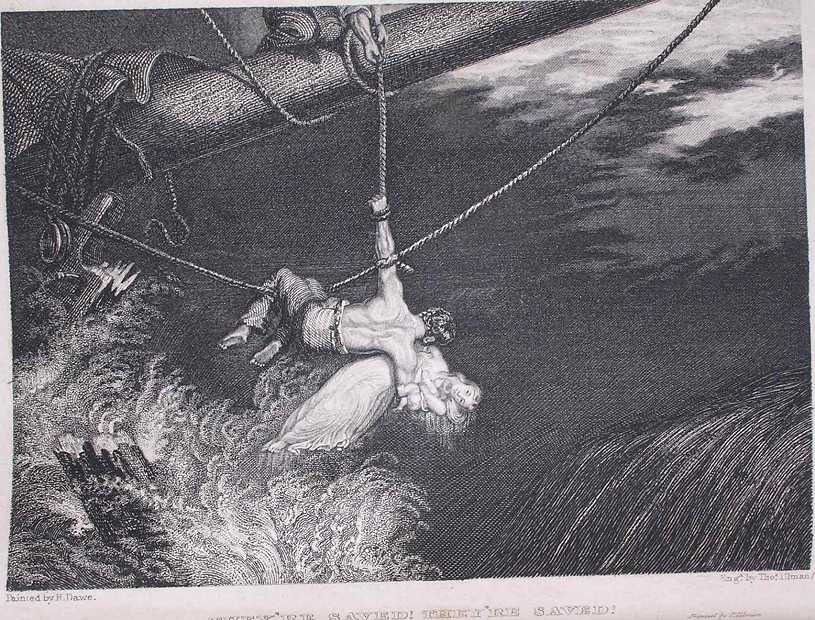 a white man lowered on a rope rescues a woman and baby from the water