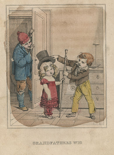 a boy and Parley look at a tiny girl with Parley's hat, wig, and cane