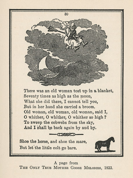 an old woman leaps above the moon; text below