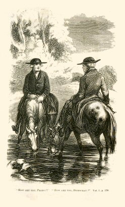 Two men on horseback meet at a stream