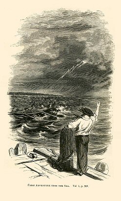 a sailor waves at men in a stormy sea