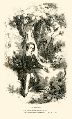 a boy sits among trees
