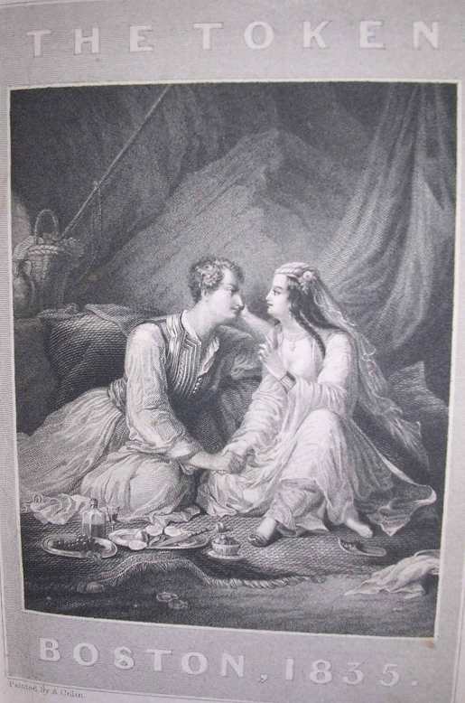a white couple dressed in exotic clothing gaze lovingly at each other; text below